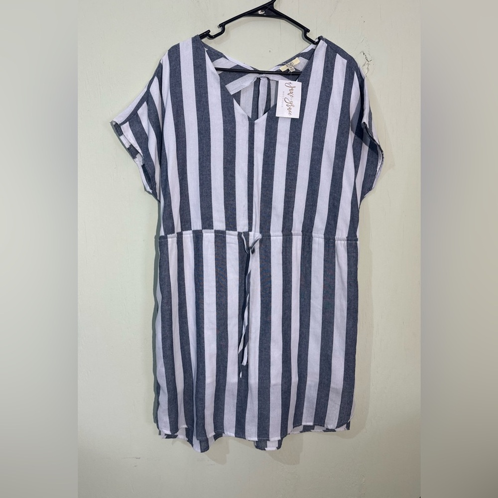NWT Kori America blue & white striped drawstring waist cap short sleeve dress M